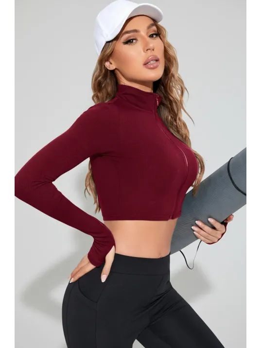 Kadın Bordo Uzun Kol Fermuarlı Parmak Geçme Detaylı Dik Yaka Crop Top Bluz