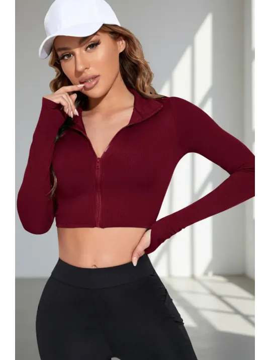 Kadın Bordo Uzun Kol Fermuarlı Parmak Geçme Detaylı Dik Yaka Crop Top Bluz