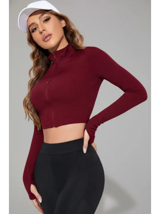 Kadın Bordo Uzun Kol Fermuarlı Parmak Geçme Detaylı Dik Yaka Crop Top Bluz Kadın Bordo Uzun Kol Fermuarlı Parmak Geçme Detaylı Dik Yaka Crop Top Bluz