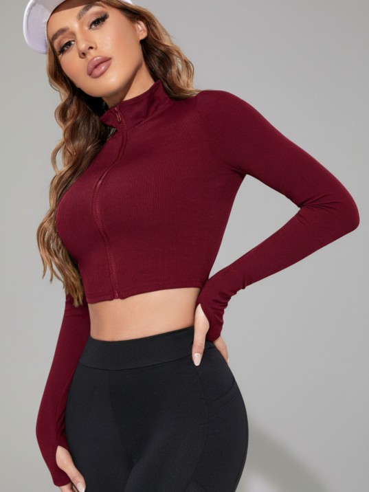 Kadın Bordo Uzun Kol Fermuarlı Parmak Geçme Detaylı Dik Yaka Crop Top Bluz Kadın Bordo Uzun Kol Fermuarlı Parmak Geçme Detaylı Dik Yaka Crop Top Bluz