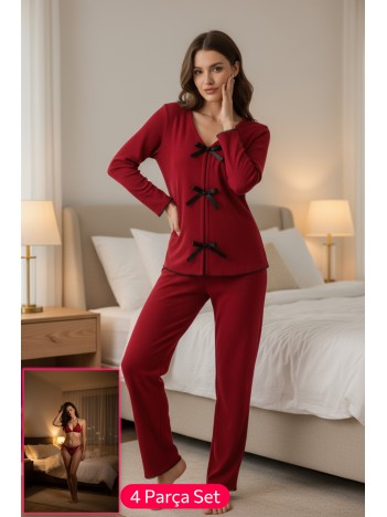 Kadın Bordo Fiyonklu İç Çamaşırı Ve Uzun Kollu V Yaka Pijama Takımı 4'lü Set