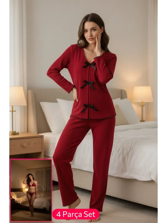 Kadın Bordo Fiyonklu İç Çamaşırı Ve Uzun Kollu V Yaka Pijama Takımı 4'lü Set