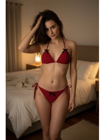 Kadın Bordo Fiyonklu İç Çamaşırı Ve Uzun Kollu V Yaka Pijama Takımı 4'lü Set