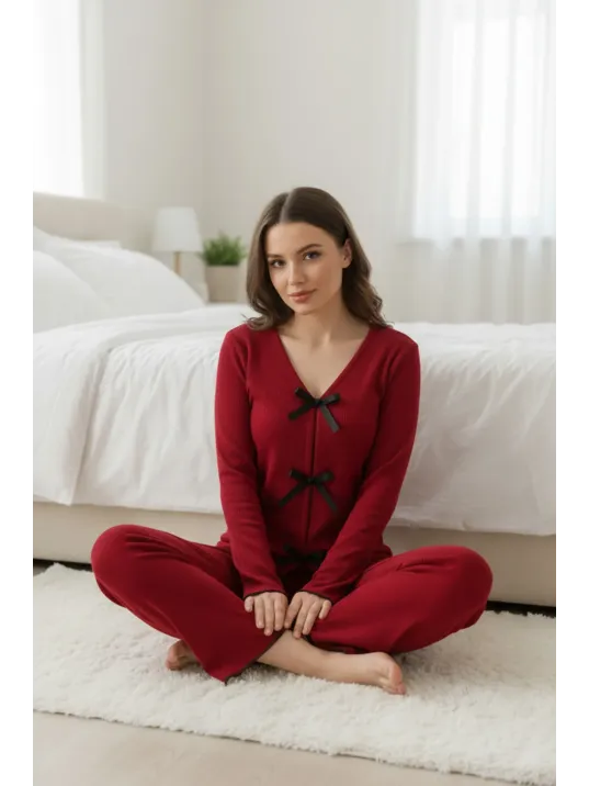 Kadın Bordo Fiyonklu İç Çamaşırı Ve Uzun Kollu V Yaka Pijama Takımı 4'lü Set
