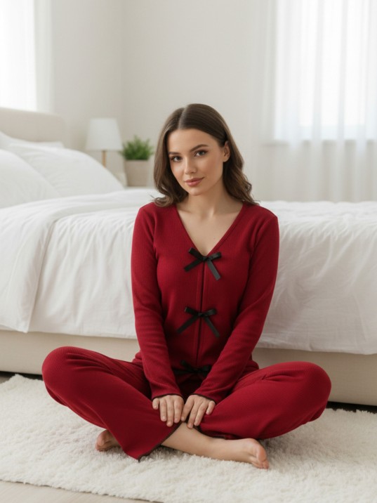 Kadın Bordo Fiyonklu İç Çamaşırı Ve Uzun Kollu V Yaka Pijama Takımı 4'lü Set Kadın Bordo Fiyonklu İç Çamaşırı Ve Uzun Kollu V Yaka Pijama Takımı 4'lü Set