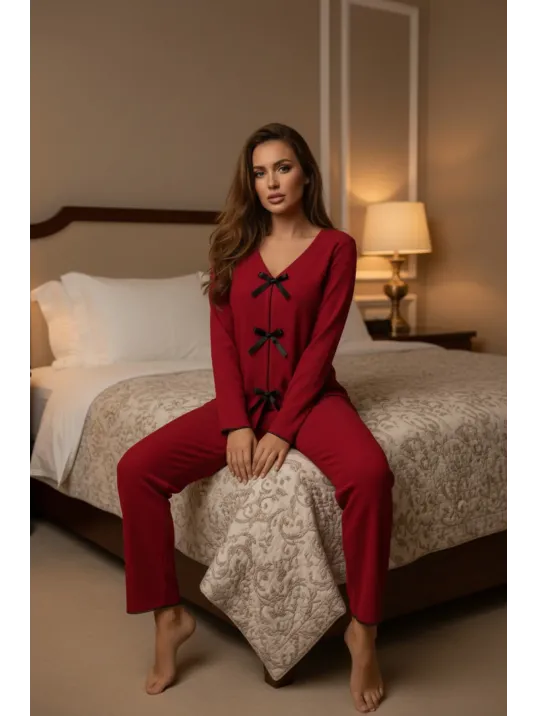 Kadın Bordo Fiyonklu İç Çamaşırı Ve Uzun Kollu V Yaka Pijama Takımı 4'lü Set