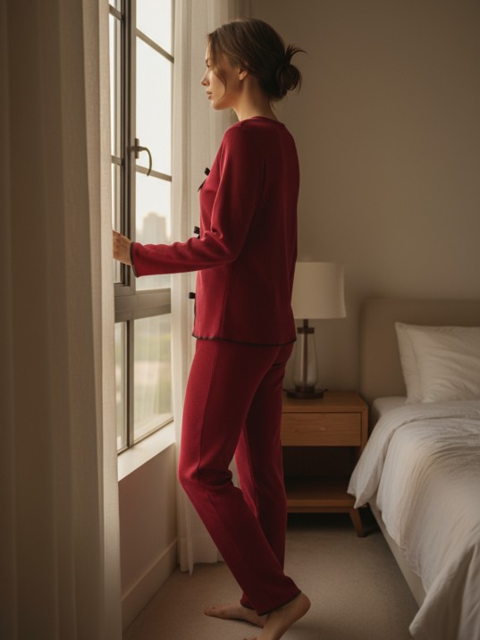 Kadın Bordo Fiyonklu İç Çamaşırı Ve Uzun Kollu V Yaka Pijama Takımı 4'lü Set Kadın Bordo Fiyonklu İç Çamaşırı Ve Uzun Kollu V Yaka Pijama Takımı 4'lü Set