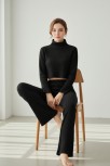 Kadın Siyah Fitilli Eşofman Takımı – Crop Uzun Kollu Üst & Paça Pantolon, Şık Günlük Set