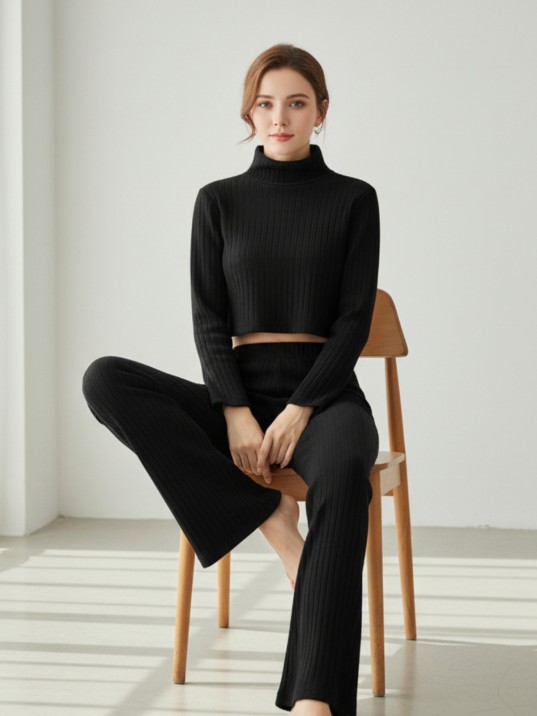 Kadın Siyah Fitilli Eşofman Takımı – Crop Uzun Kollu Üst & Paça Pantolon, Şık Günlük Set