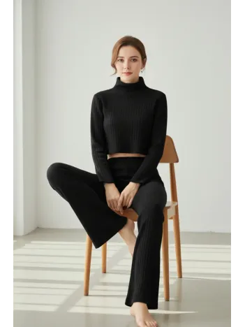 Kadın Siyah Fitilli Eşofman Takımı – Crop Uzun Kollu Üst & Paça Pantolon, Şık Günlük Set