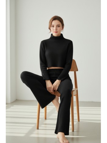 Kadın Siyah Fitilli Eşofman Takımı – Crop Uzun Kollu Üst & Paça Pantolon, Şık Günlük Set