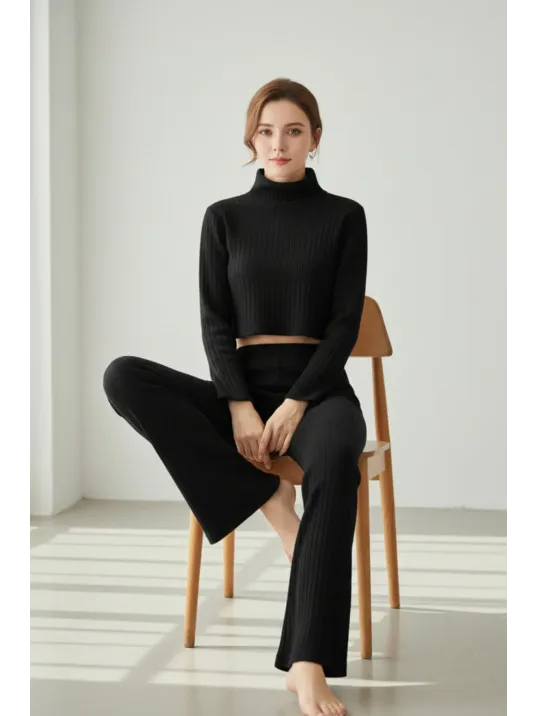 Kadın Siyah Fitilli Eşofman Takımı – Crop Uzun Kollu Üst & Paça Pantolon, Şık Günlük Set