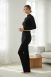 Kadın Siyah Fitilli Eşofman Takımı – Crop Uzun Kollu Üst & Paça Pantolon, Şık Günlük Set