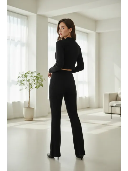 Kadın Siyah Fitilli Eşofman Takımı – Crop Uzun Kollu Üst & Paça Pantolon, Şık Günlük Set