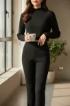 Kadın Siyah Fitilli Eşofman Takımı – Crop Uzun Kollu Üst & Paça Pantolon, Şık Günlük Set