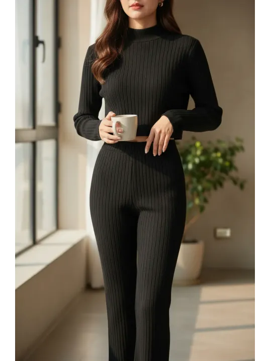 Kadın Siyah Fitilli Eşofman Takımı – Crop Uzun Kollu Üst & Paça Pantolon, Şık Günlük Set