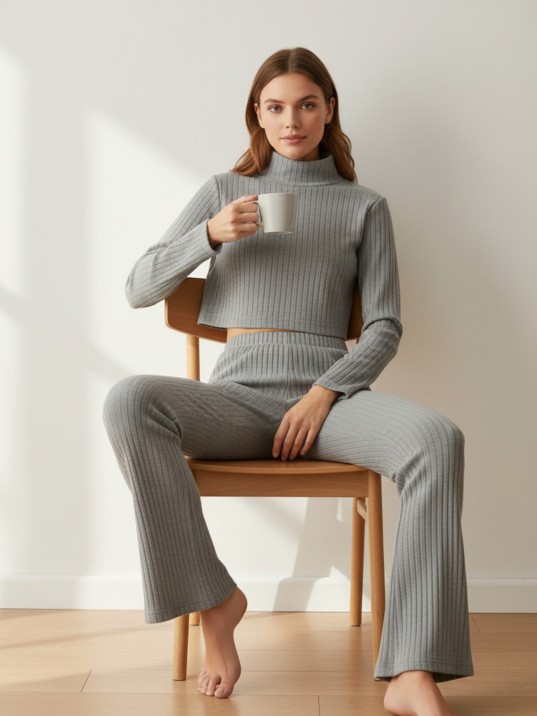 Kadın Fitilli Eşofman Takımı – Gri Boğazlı Crop Üst & İspanyol Paça Pantolon, Esnek Rahat Kalıp