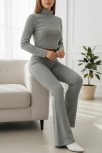 Kadın Fitilli Eşofman Takımı – Gri Boğazlı Crop Üst & İspanyol Paça Pantolon, Esnek Rahat Kalıp