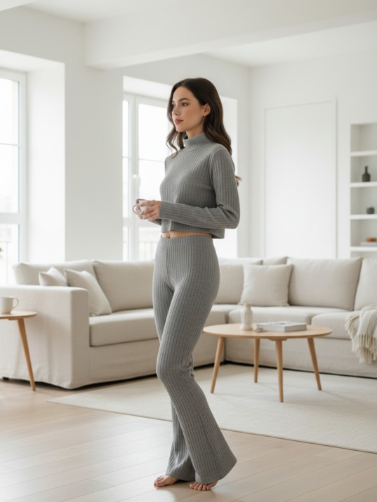 Kadın Fitilli Eşofman Takımı – Gri Boğazlı Crop Üst & İspanyol Paça Pantolon, Esnek Rahat Kalıp