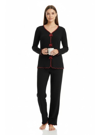 Premium Kadın 4’lü Fitilli Set – Siyah Kırmızı Biyeli (pijama Üst, Pantolon, Bikini Takımı)