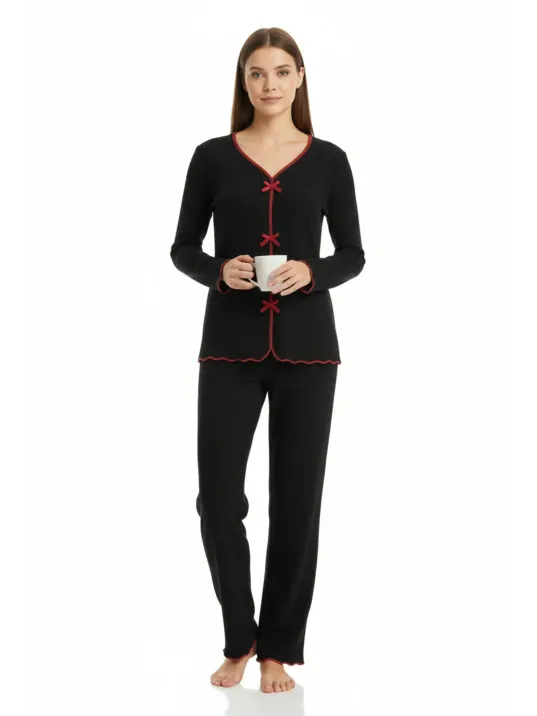 Premium Kadın 4’lü Fitilli Set – Siyah Kırmızı Biyeli (pijama Üst, Pantolon, Bikini Takımı)