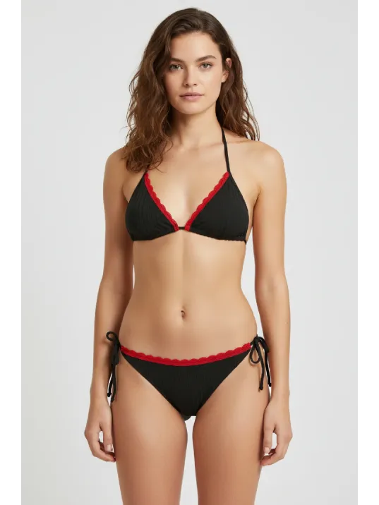 Premium Kadın 4’lü Fitilli Set – Siyah Kırmızı Biyeli (pijama Üst, Pantolon, Bikini Takımı)