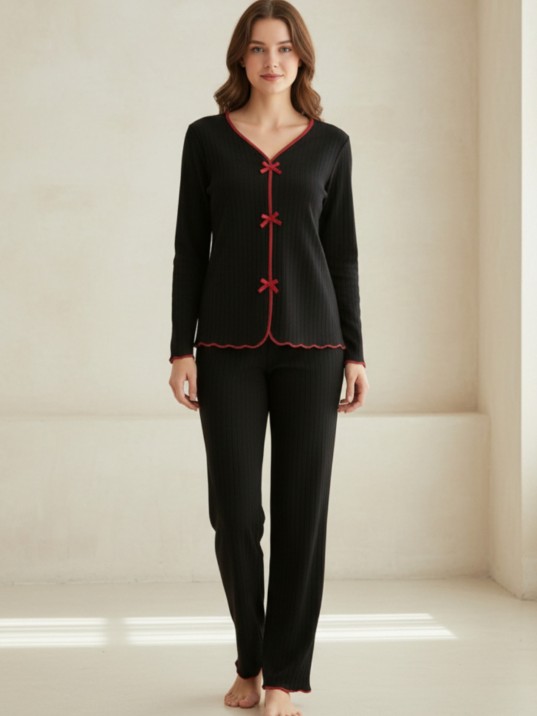 Premium Kadın 4’lü Fitilli Set – Siyah Kırmızı Biyeli (pijama Üst, Pantolon, Bikini Takımı)