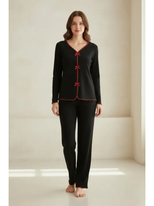 Premium Kadın 4’lü Fitilli Set – Siyah Kırmızı Biyeli (pijama Üst, Pantolon, Bikini Takımı)