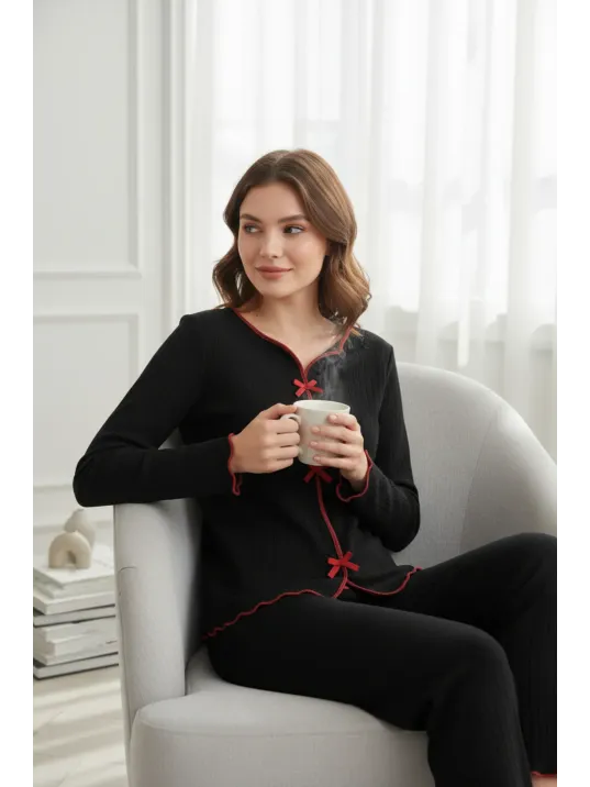 Premium Kadın 4’lü Fitilli Set – Siyah Kırmızı Biyeli (pijama Üst, Pantolon, Bikini Takımı)