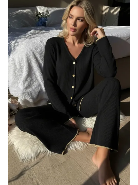 Premium Kadın Fitilli Pijama Takımı – Siyah Gold Biye Detaylı, Yumuşak Dokulu Ev Şıklığı