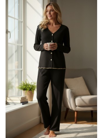 Premium Kadın Fitilli Pijama Takımı – Siyah Gold Biye Detaylı, Yumuşak Dokulu Ev Şıklığı