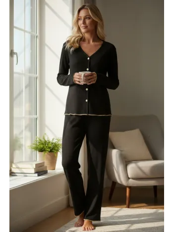 Premium Kadın Fitilli Pijama Takımı – Siyah Gold Biye Detaylı, Yumuşak Dokulu Ev Şıklığı