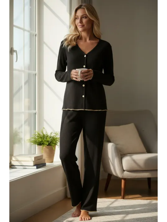 Premium Kadın Fitilli Pijama Takımı – Siyah Gold Biye Detaylı, Yumuşak Dokulu Ev Şıklığı