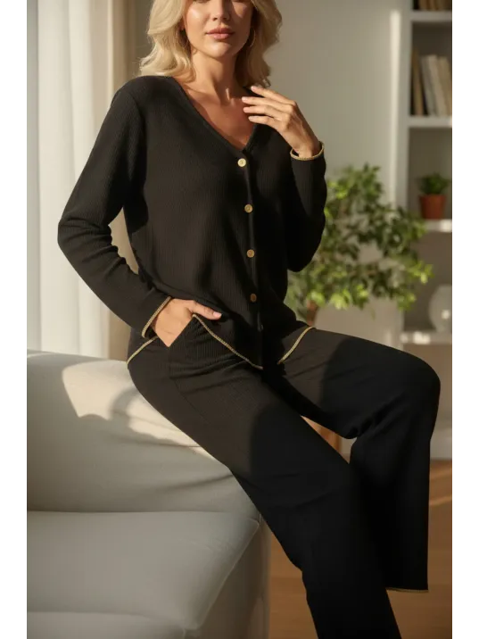 Premium Kadın Fitilli Pijama Takımı – Siyah Gold Biye Detaylı, Yumuşak Dokulu Ev Şıklığı