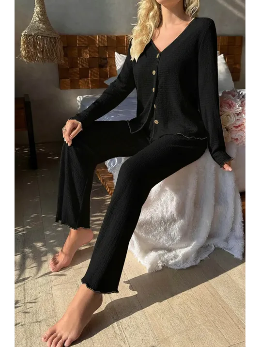 Premium Kadın Fitilli Pijama Takımı – Siyah Gold Biye Detaylı, Yumuşak Dokulu Ev Şıklığı