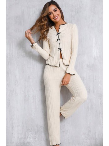 Kadın Ekru Fitilli Şık Pijama Takımı – Fiyonk Detaylı Rahat Ev Giyim Seti