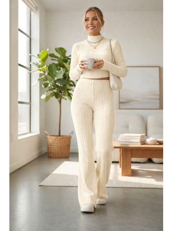 Kadın Ekru Çizgili Boğazlı Crop Top Ve Yüksek Bel Eşofman Takımı Spor Şık Kombin