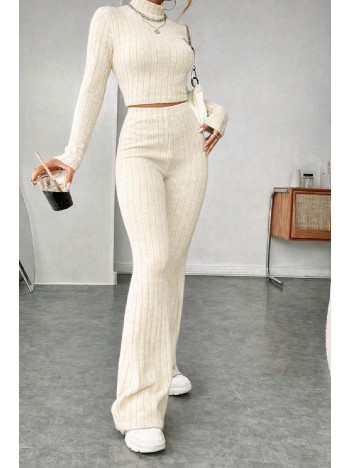 Kadın Ekru Çizgili Boğazlı Crop Top Ve Yüksek Bel Eşofman Takımı Spor Şık Kombin