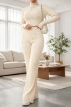 Kadın Ekru Çizgili Boğazlı Crop Top Ve Yüksek Bel Eşofman Takımı Spor Şık Kombin