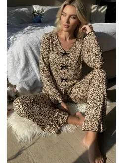 Kadın Uzun Kollu Leopar Desenli Fiyonklu Ev Giyim Pijama Takımı
