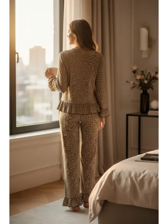 Kadın Uzun Kollu Leopar Desenli Fiyonklu Ev Giyim Pijama Takımı