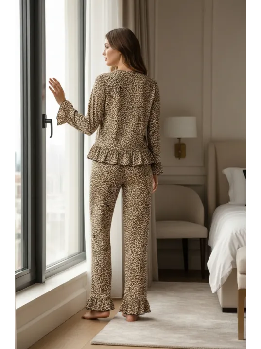 Kadın Uzun Kollu Leopar Desenli Fiyonklu Ev Giyim Pijama Takımı
