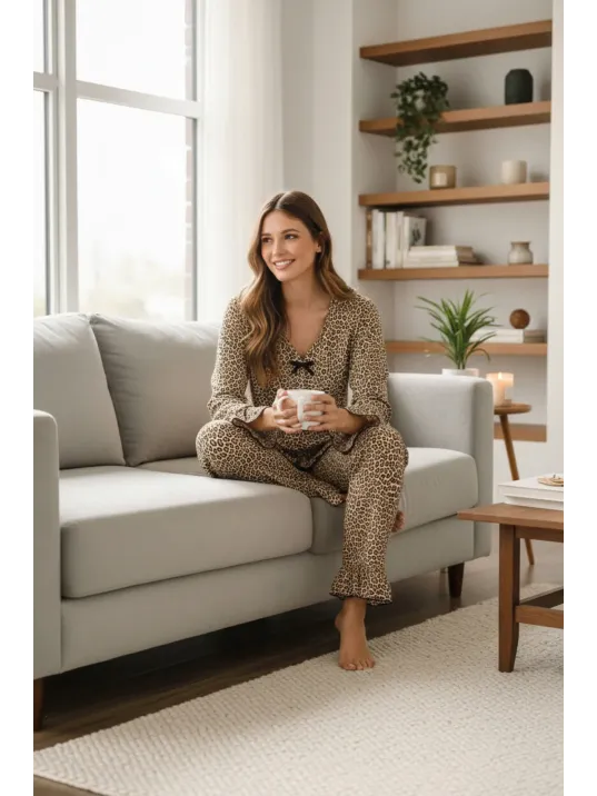 Kadın Uzun Kollu Leopar Desenli Fiyonklu Ev Giyim Pijama Takımı