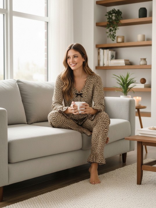 Kadın Uzun Kollu Leopar Desenli Fiyonklu Ev Giyim Pijama Takımı