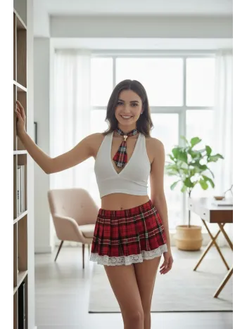 Kadın Cesur Ekoseli Dantelli Mini Etek, Tanga Ve Bluz Takım