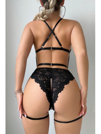 Kadın Siyah Dantel Jartiyerli Bodysuit Gecelik - Kemer Detaylı