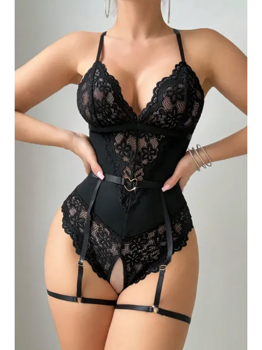 Kadın Siyah Dantel Jartiyerli Bodysuit Gecelik - Kemer Detaylı