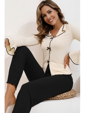Kadın Fiyonklu Uzun Kollu Ekru Üst Siyah Alt Pijama Takımı