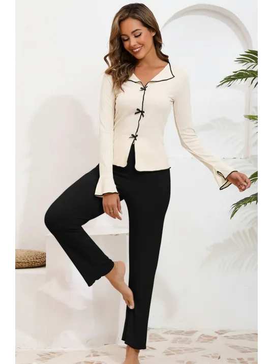 Kadın Fiyonklu Uzun Kollu Ekru Üst Siyah Alt Pijama Takımı