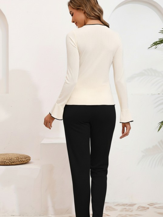Kadın Fiyonklu Uzun Kollu Ekru Üst Siyah Alt Pijama Takımı Kadın Fiyonklu Uzun Kollu Ekru Üst Siyah Alt Pijama Takımı